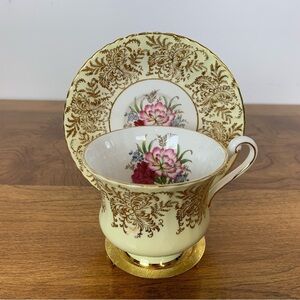 Paragon Teacup Saucer Set Carnation Gold Accents Yellow Single Warrant Vintage